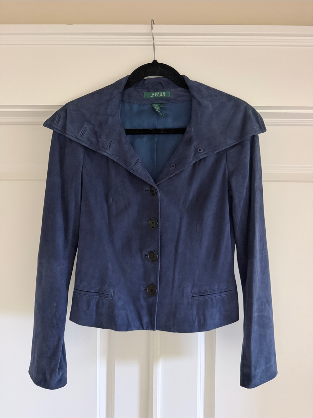 Vintage Lauren Ralph Lauren Navy Suede Button Jacket Leather Blazer Size 4 EUC